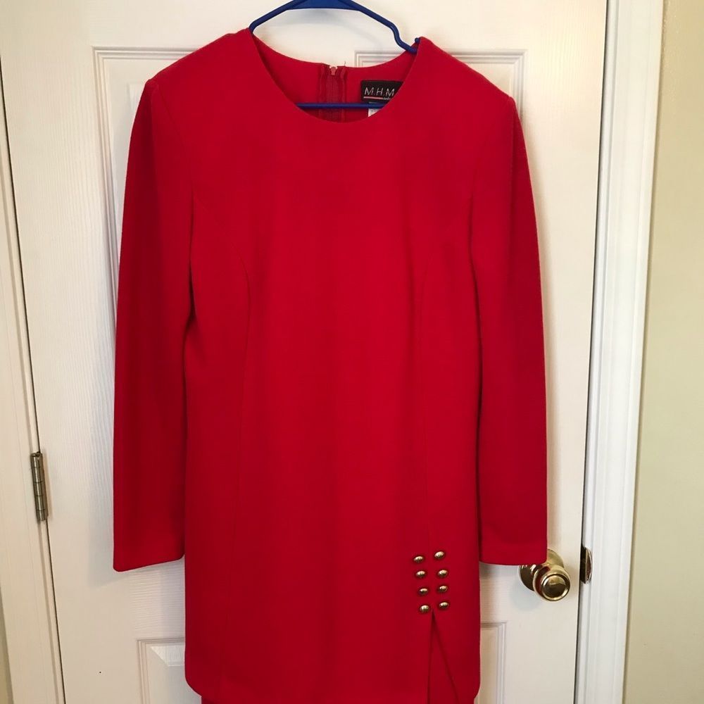 Women’s MHM dress in size 12. Deep red with gold lower buttons .